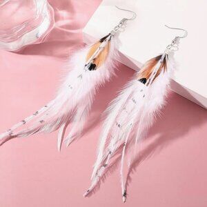 White Boho Feather Earrings – Long Bohemian Statement Jewelry